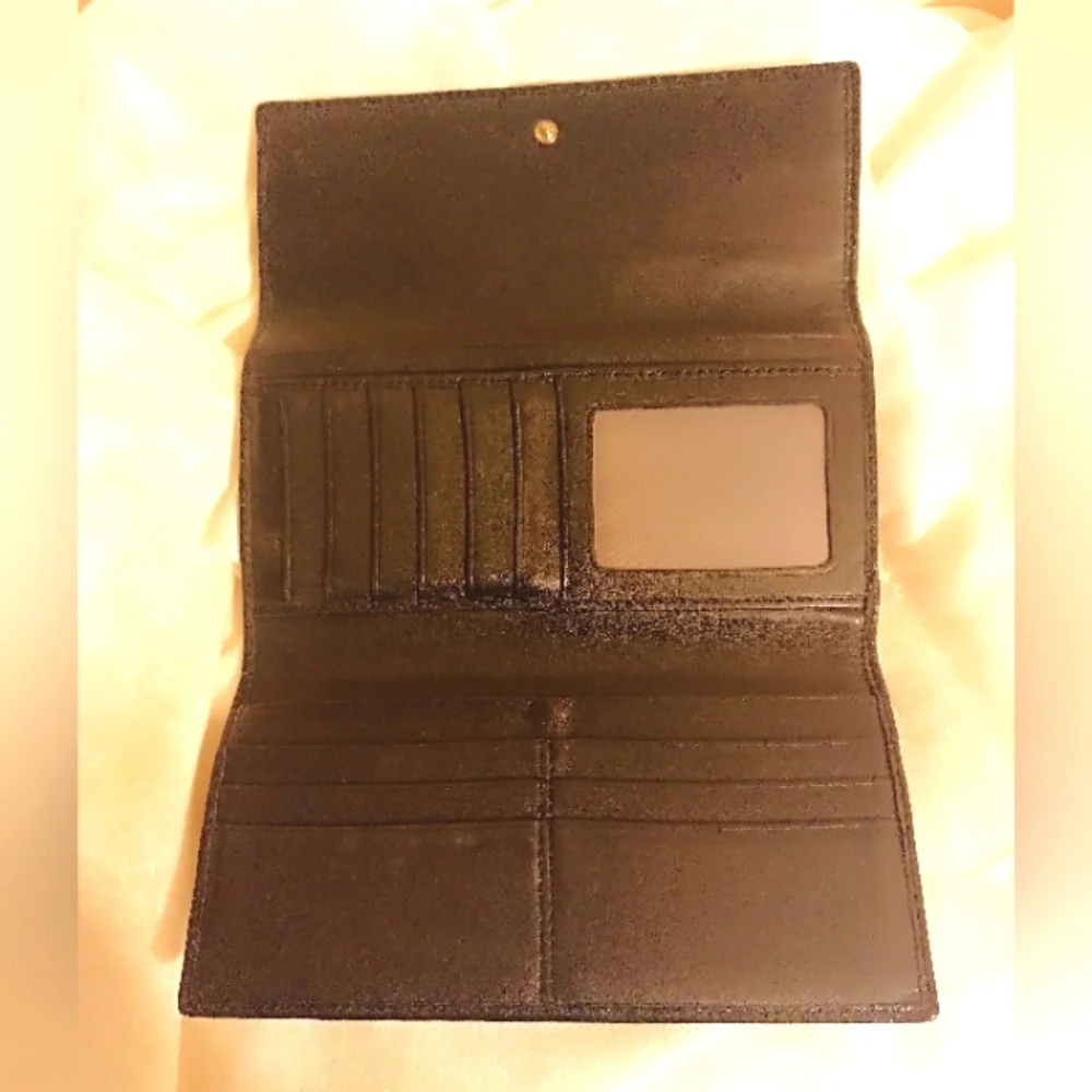 Coach black fabric leather trifold womens wallet clutch